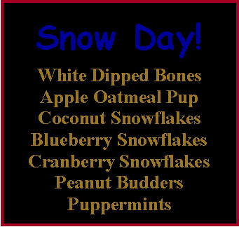 Text Box: Snow Day!White Dipped BonesApple Oatmeal PupCoconut SnowflakesBlueberry SnowflakesCranberry SnowflakesPeanut BuddersPuppermints